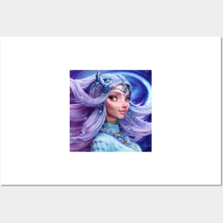 Owl Goddess with beautiful long blue hair Posters and Art